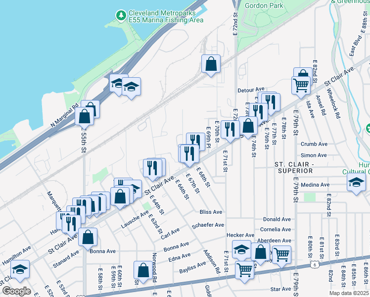 map of restaurants, bars, coffee shops, grocery stores, and more near 969 East 67th Street in Cleveland