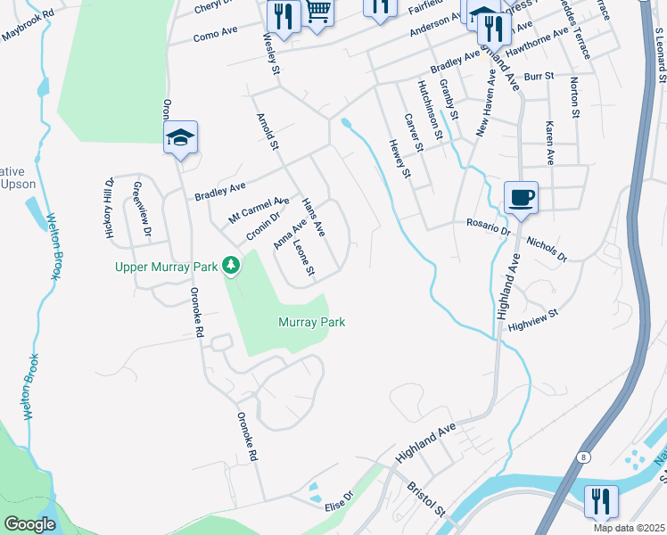 map of restaurants, bars, coffee shops, grocery stores, and more near 184 Anna Avenue in Waterbury
