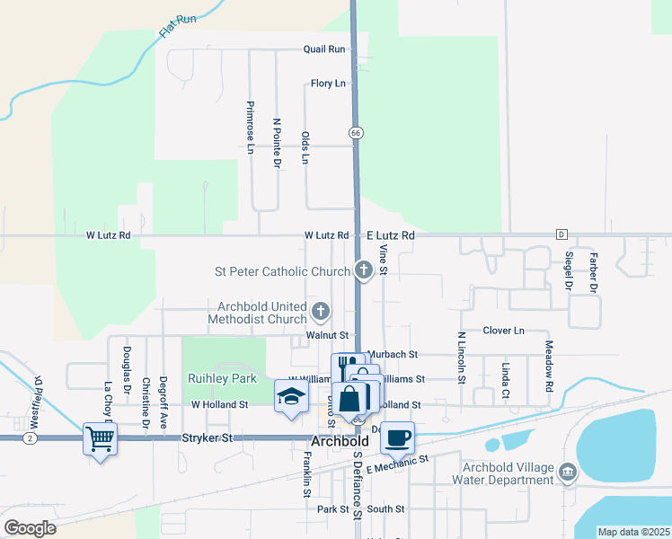 map of restaurants, bars, coffee shops, grocery stores, and more near 108 Maple Avenue in Archbold