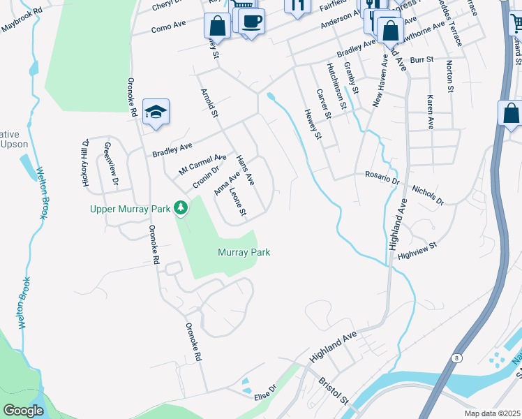map of restaurants, bars, coffee shops, grocery stores, and more near 184 Anna Avenue in Waterbury