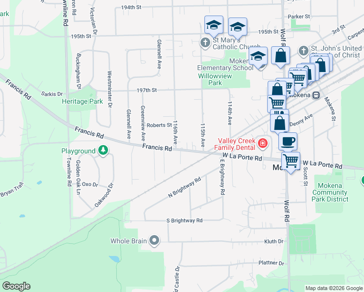 map of restaurants, bars, coffee shops, grocery stores, and more near 11550 Francis Road in Mokena