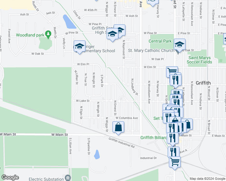 map of restaurants, bars, coffee shops, grocery stores, and more near 324 North Ernest Street in Griffith