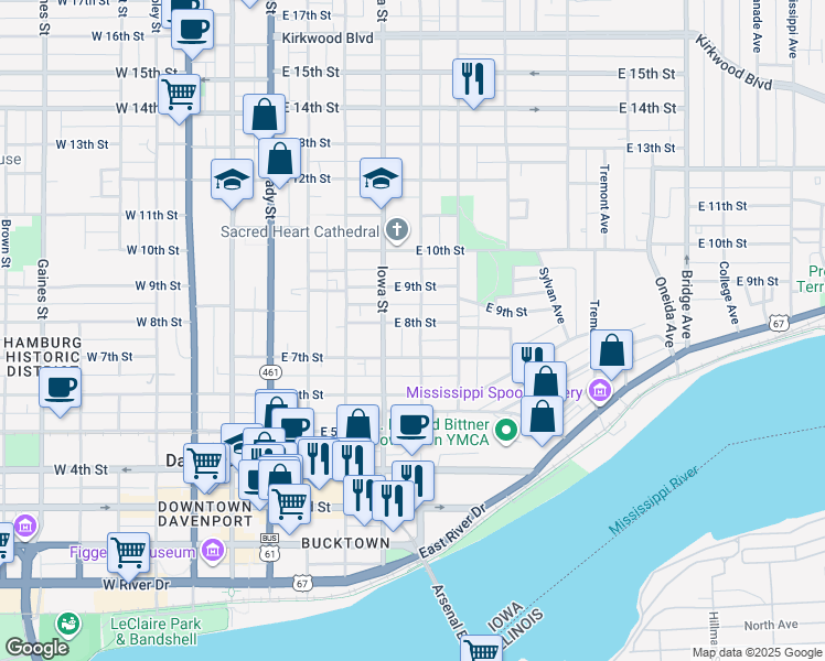 map of restaurants, bars, coffee shops, grocery stores, and more near 726 Leclaire Street in Davenport