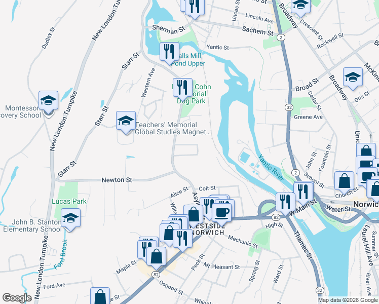 map of restaurants, bars, coffee shops, grocery stores, and more near 20 Grant Court in Norwich