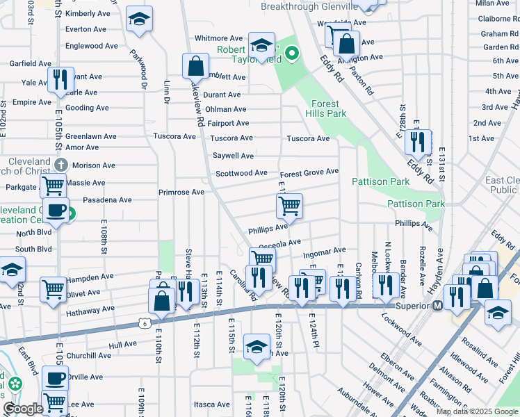 map of restaurants, bars, coffee shops, grocery stores, and more near 11905 Chesterfield Avenue in Cleveland