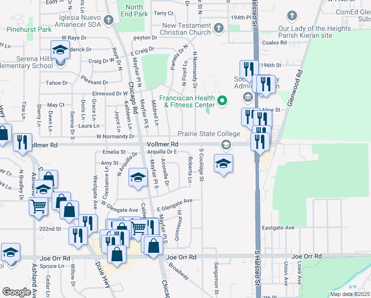 map of restaurants, bars, coffee shops, grocery stores, and more near 75 Arquilla Drive East in Chicago Heights