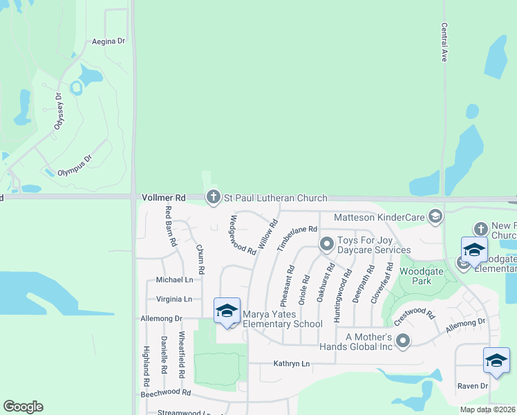 map of restaurants, bars, coffee shops, grocery stores, and more near 10 Wedgewood Road in Matteson