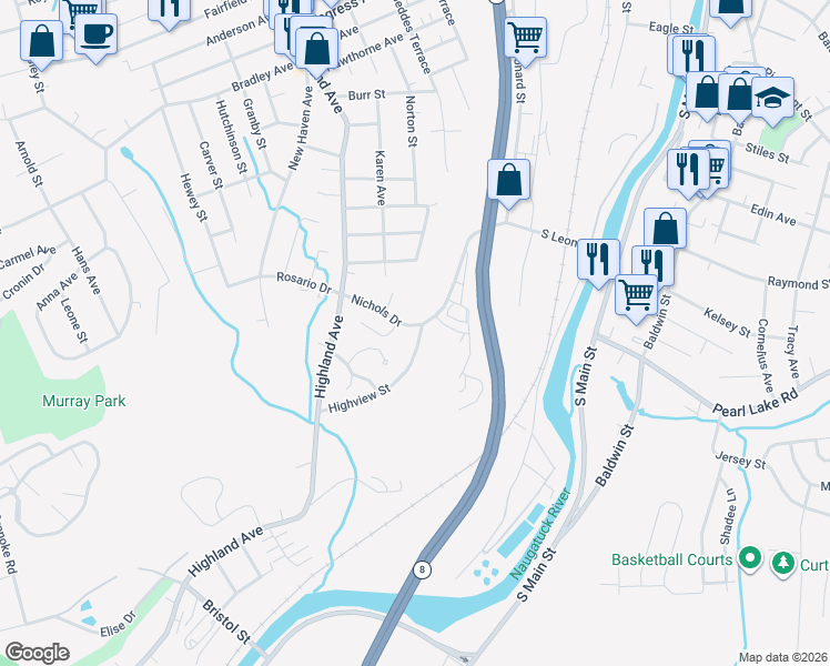 map of restaurants, bars, coffee shops, grocery stores, and more near 155 Nichols Drive in Waterbury