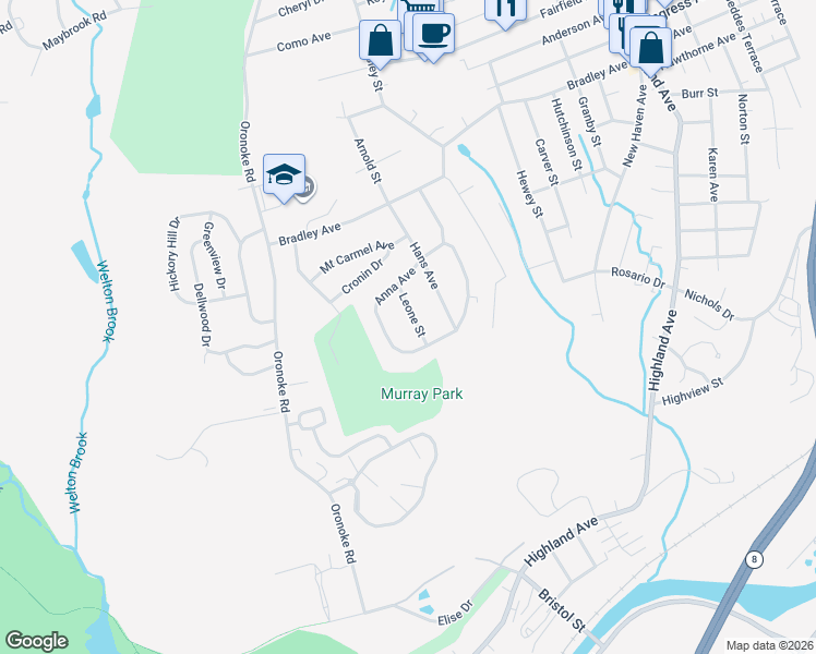 map of restaurants, bars, coffee shops, grocery stores, and more near 44 Leone Street in Waterbury