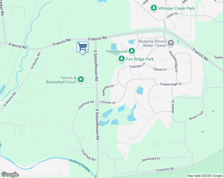 map of restaurants, bars, coffee shops, grocery stores, and more near 12701 Berkshire Drive in Mokena