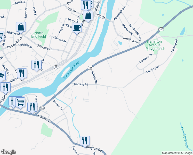 map of restaurants, bars, coffee shops, grocery stores, and more near 20 Gillette Road in Norwich