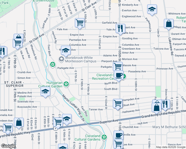 map of restaurants, bars, coffee shops, grocery stores, and more near 10016 Somerset Avenue in Cleveland