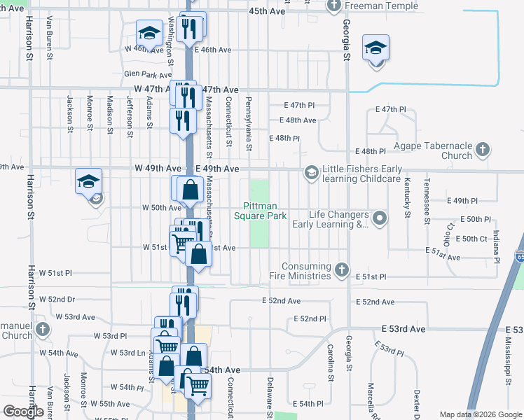 map of restaurants, bars, coffee shops, grocery stores, and more near 303 East 51st Avenue in Gary