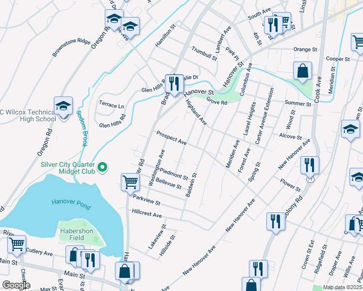 map of restaurants, bars, coffee shops, grocery stores, and more near 77 Prospect Avenue in Meriden