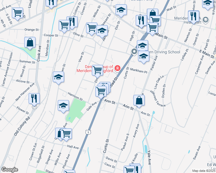 map of restaurants, bars, coffee shops, grocery stores, and more near 226 Broad Street in Meriden