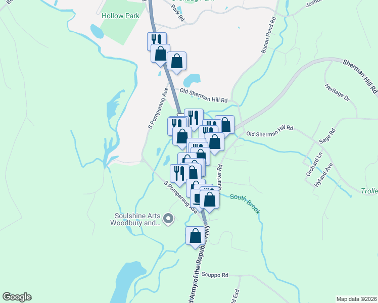 map of restaurants, bars, coffee shops, grocery stores, and more near 692 Grand Army of the Republic Highway in Woodbury