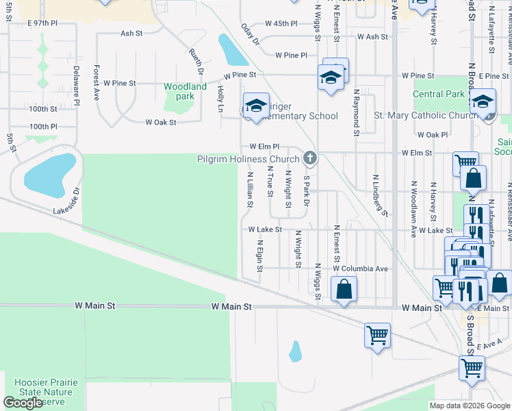 map of restaurants, bars, coffee shops, grocery stores, and more near 331 North Lillian Street in Griffith