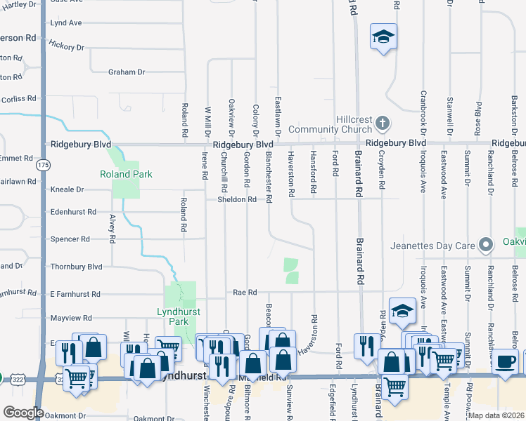 map of restaurants, bars, coffee shops, grocery stores, and more near 1199 Gordon Road in Lyndhurst