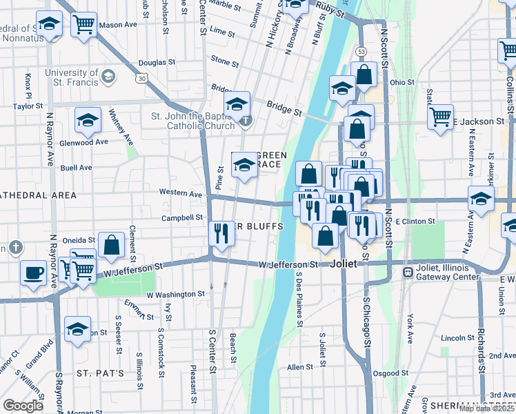 map of restaurants, bars, coffee shops, grocery stores, and more near 222 North Broadway Street in Joliet