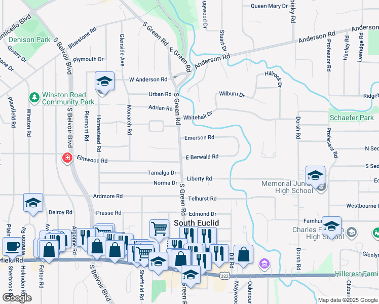 map of restaurants, bars, coffee shops, grocery stores, and more near 4473 East Berwald Road in South Euclid