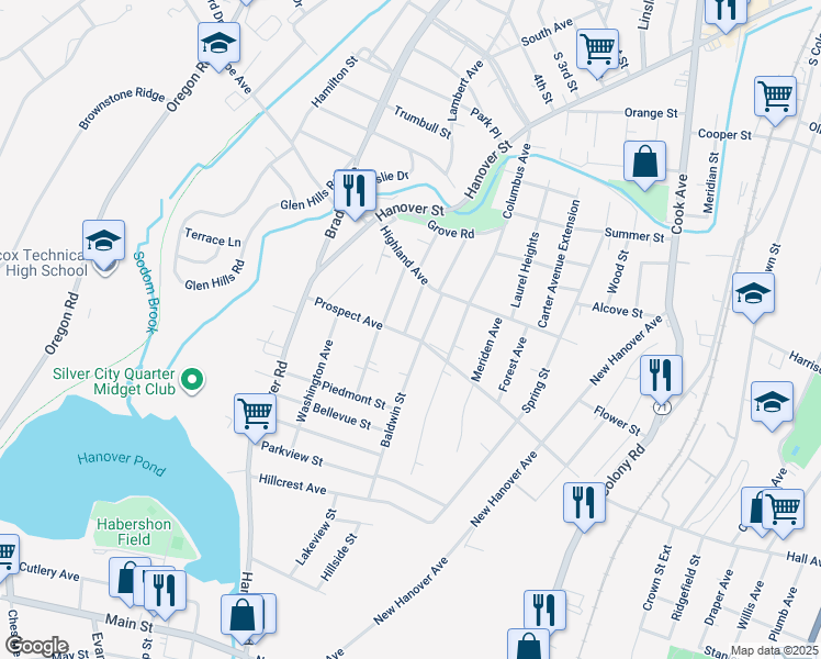 map of restaurants, bars, coffee shops, grocery stores, and more near 116 Prospect Avenue in Meriden