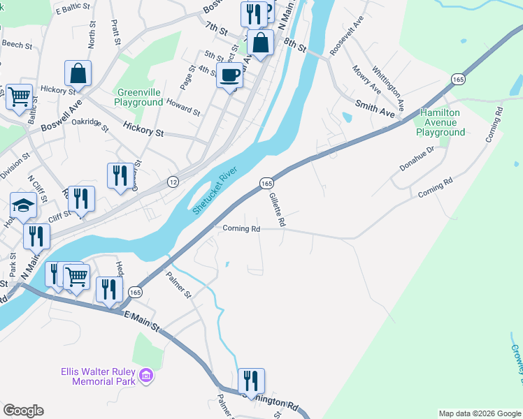 map of restaurants, bars, coffee shops, grocery stores, and more near 68 Corning Road in Norwich