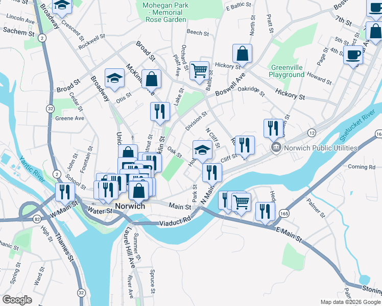 map of restaurants, bars, coffee shops, grocery stores, and more near 62 Hobart Avenue in Norwich