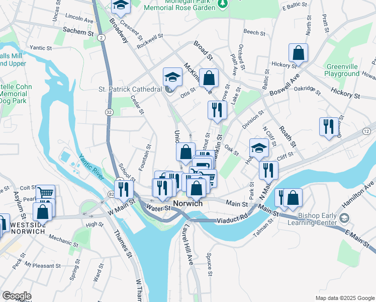 map of restaurants, bars, coffee shops, grocery stores, and more near 47 Union Street in Norwich