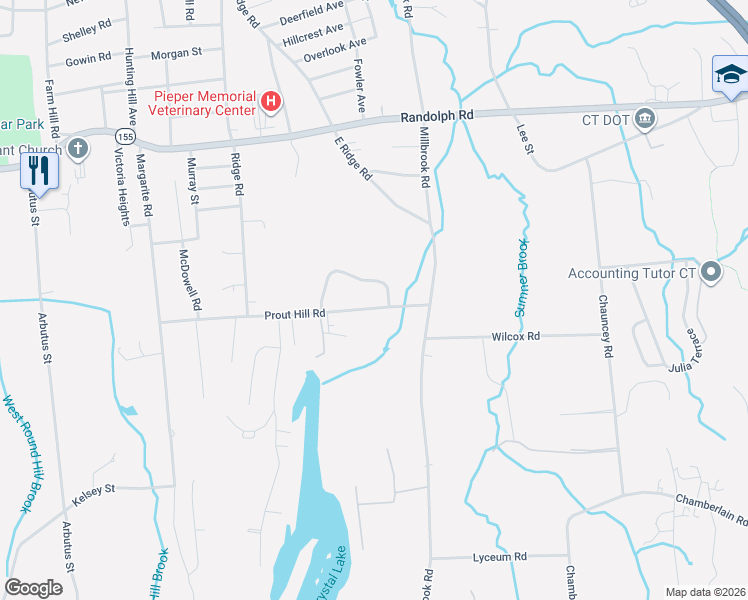 map of restaurants, bars, coffee shops, grocery stores, and more near 65 Prout Hill Road in Middletown