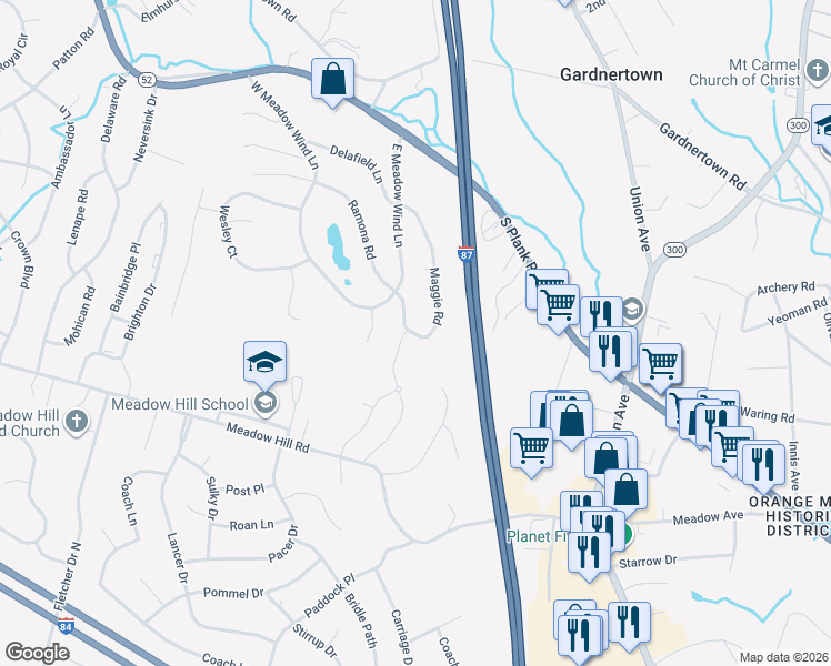 map of restaurants, bars, coffee shops, grocery stores, and more near 1138 Maggie Road in Newburgh