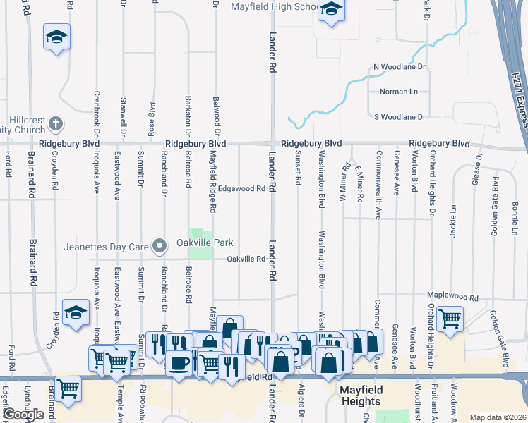 map of restaurants, bars, coffee shops, grocery stores, and more near 1210 Lander Road in Mayfield Heights