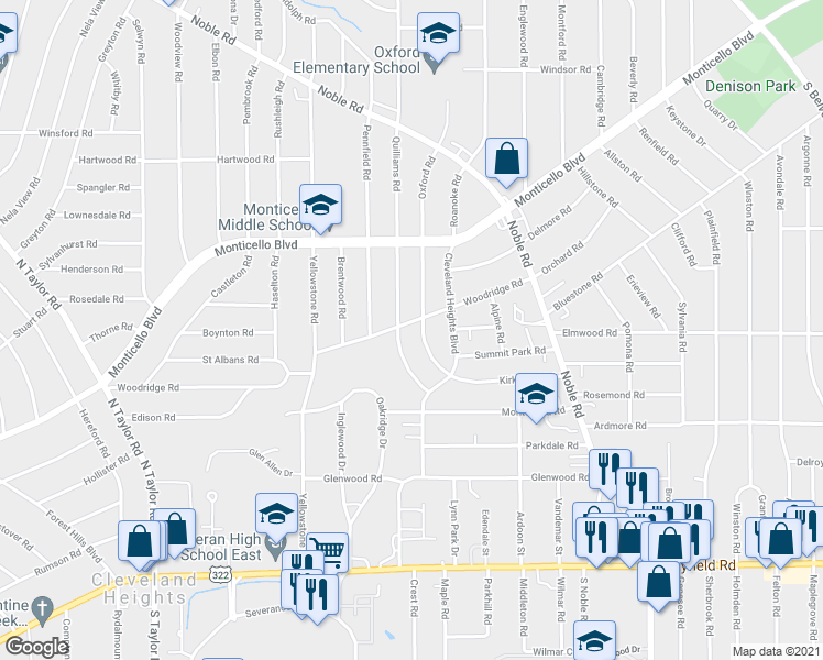 map of restaurants, bars, coffee shops, grocery stores, and more near 3734 Woodridge Road in Cleveland Heights