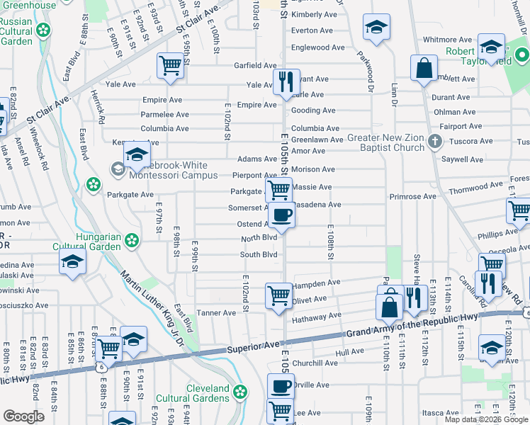 map of restaurants, bars, coffee shops, grocery stores, and more near 10402 Somerset Avenue in Cleveland