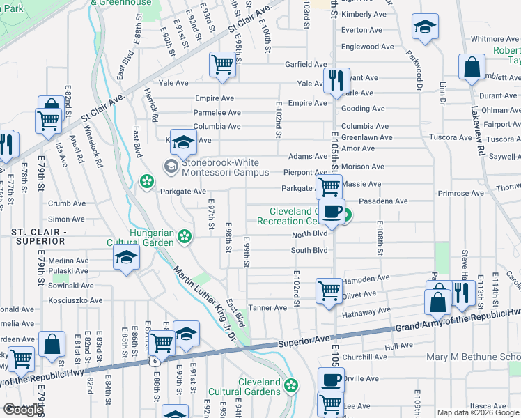 map of restaurants, bars, coffee shops, grocery stores, and more near 10016 Somerset Avenue in Cleveland