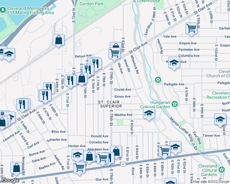 map of restaurants, bars, coffee shops, grocery stores, and more near 7912 Crumb Avenue in Cleveland