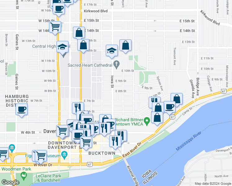 map of restaurants, bars, coffee shops, grocery stores, and more near 726 Leclaire Street in Davenport