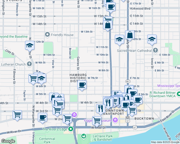 map of restaurants, bars, coffee shops, grocery stores, and more near 513 West 8th Street in Davenport