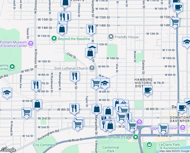 map of restaurants, bars, coffee shops, grocery stores, and more near 728 North Marquette Street in Davenport