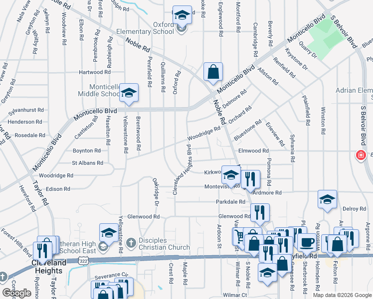 map of restaurants, bars, coffee shops, grocery stores, and more near 1208 Cleveland Heights Boulevard in Cleveland Heights