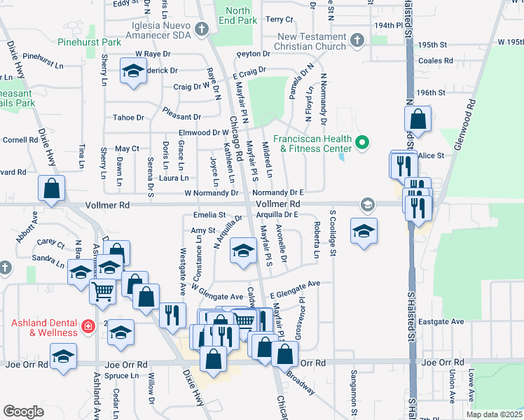 map of restaurants, bars, coffee shops, grocery stores, and more near 11 Arquilla Drive East in Chicago Heights