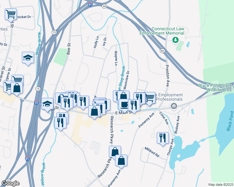 map of restaurants, bars, coffee shops, grocery stores, and more near 180 Wayne Lane in Meriden