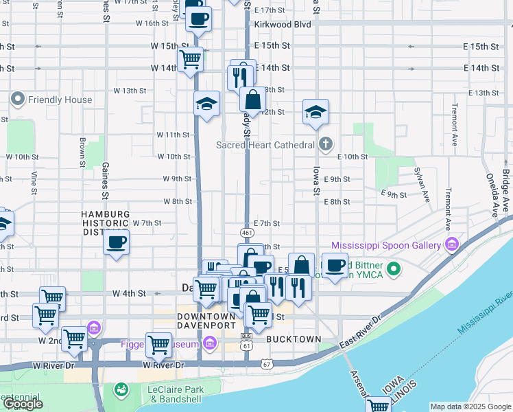 map of restaurants, bars, coffee shops, grocery stores, and more near 723 Brady Street in Davenport