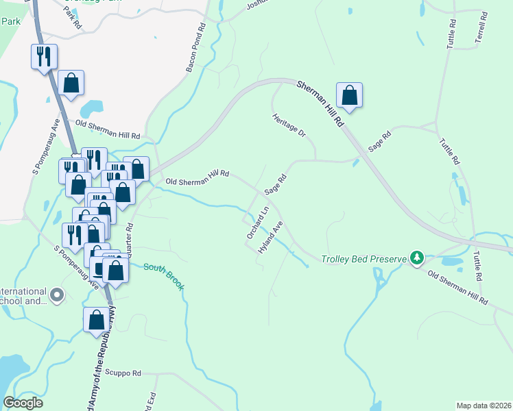 map of restaurants, bars, coffee shops, grocery stores, and more near 9 Meadow Avenue in Woodbury