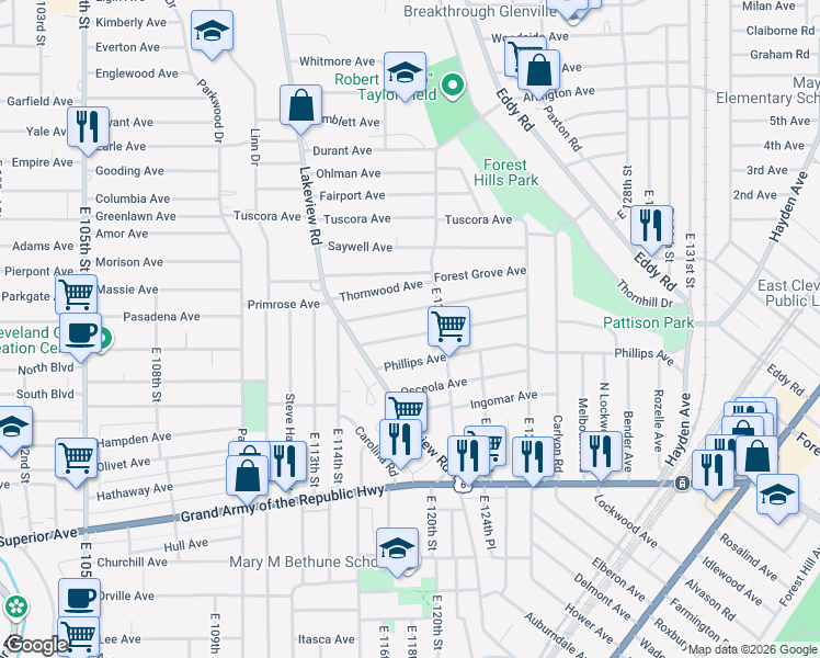 map of restaurants, bars, coffee shops, grocery stores, and more near 11905 Chesterfield Avenue in Cleveland