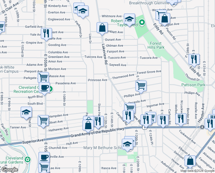 map of restaurants, bars, coffee shops, grocery stores, and more near 1108 East 114th Street in Cleveland