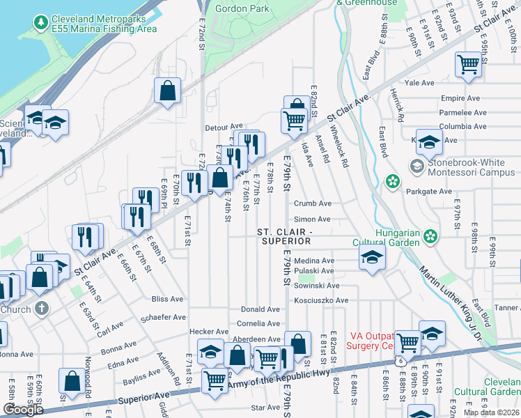 map of restaurants, bars, coffee shops, grocery stores, and more near 1007 East 76th Street in Cleveland