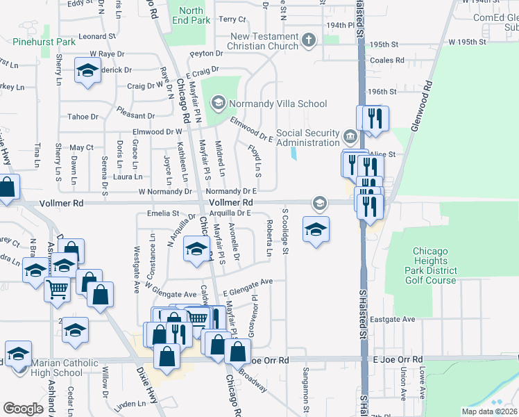 map of restaurants, bars, coffee shops, grocery stores, and more near 75 Arquilla Drive East in Chicago Heights