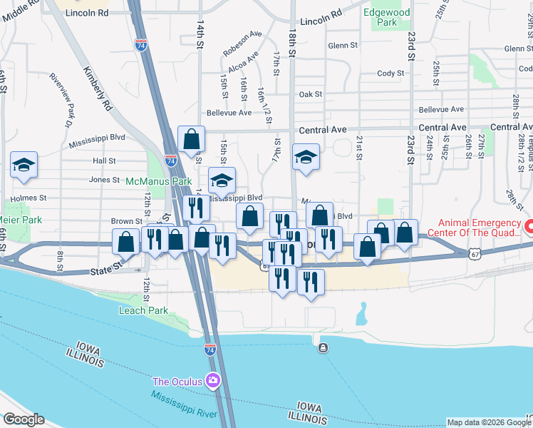 map of restaurants, bars, coffee shops, grocery stores, and more near 501-549 17th Street in Bettendorf