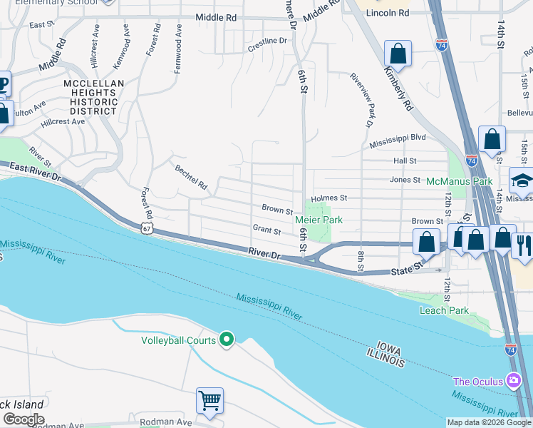 map of restaurants, bars, coffee shops, grocery stores, and more near 449 Brown Street in Bettendorf