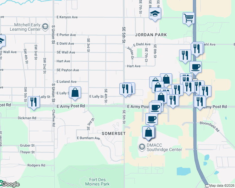 map of restaurants, bars, coffee shops, grocery stores, and more near 428 East Lally Street in Des Moines